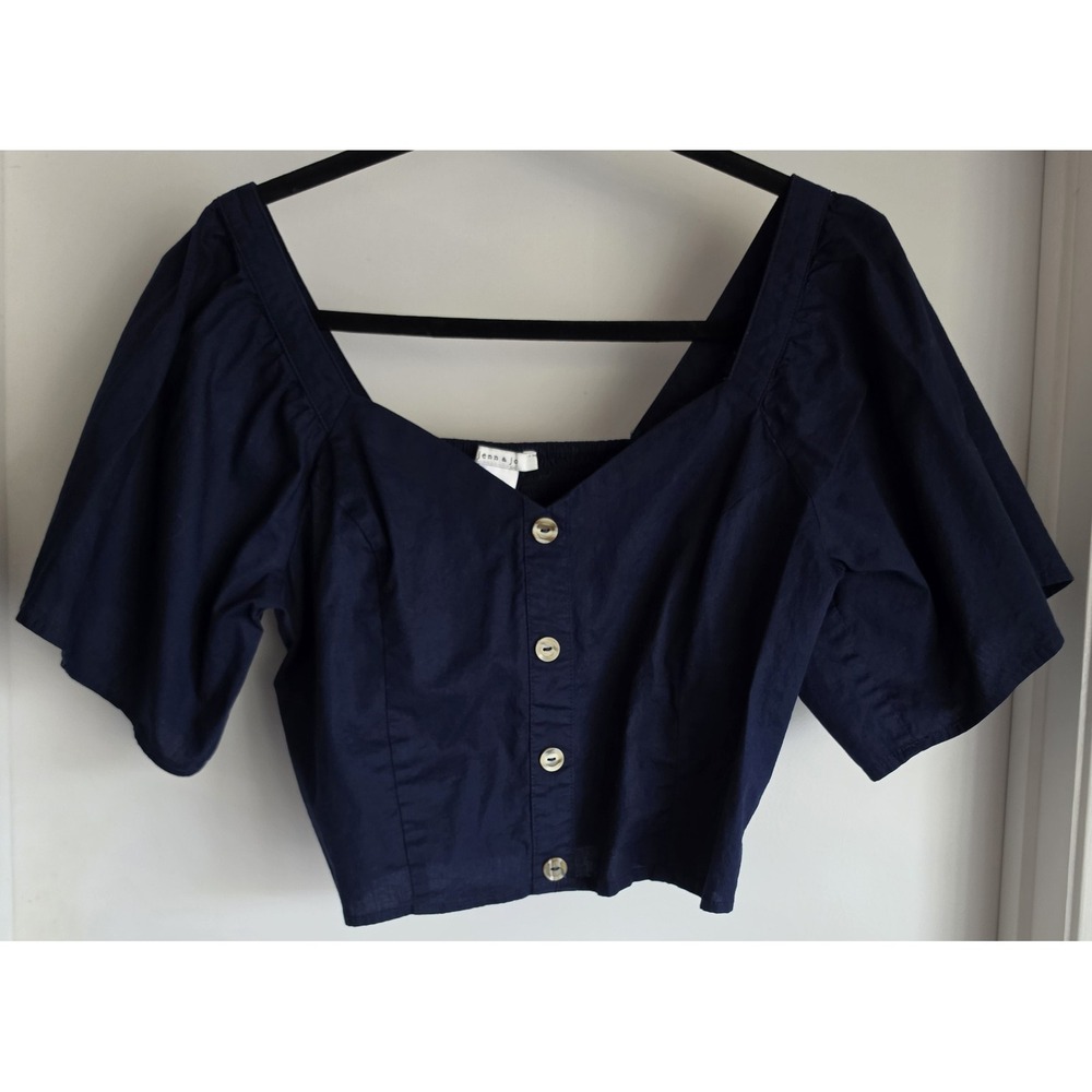 Jenn & Jo Blouse Women's L Blue Short Sleeve Cotton Cropped Top Casual Summer
